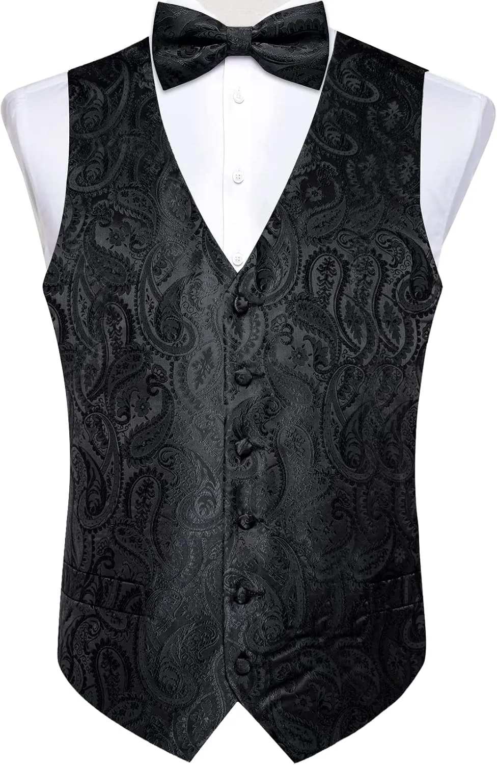 DiBanGu Mens Formal Dress Vest Paisley Jacquard Silk Suit Waistcoat Necktie Bow Tie Set Wedding Party Tuxedo 5PCS