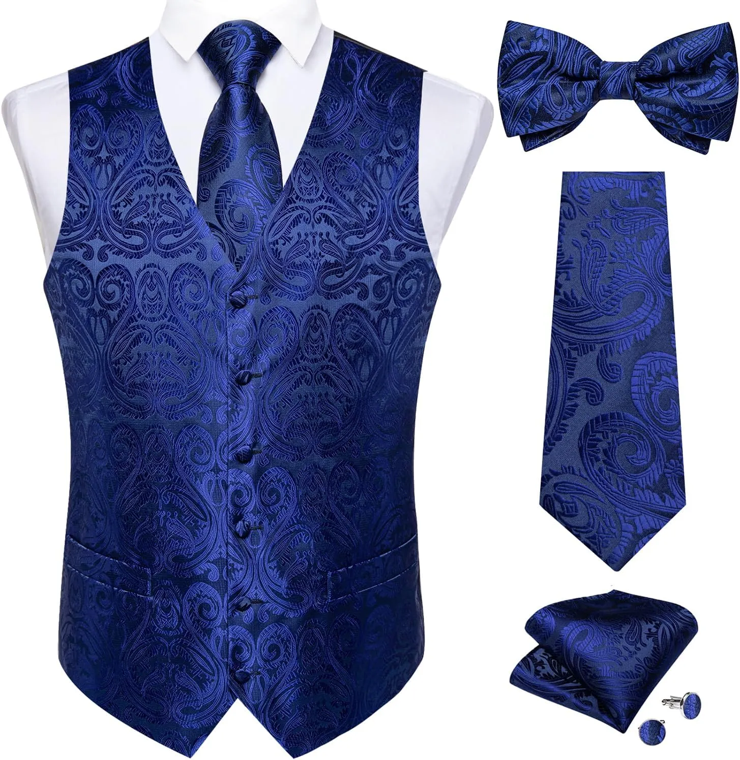 DiBanGu Mens Formal Dress Vest Paisley Jacquard Silk Suit Waistcoat Necktie Bow Tie Set Wedding Party Tuxedo 5PCS