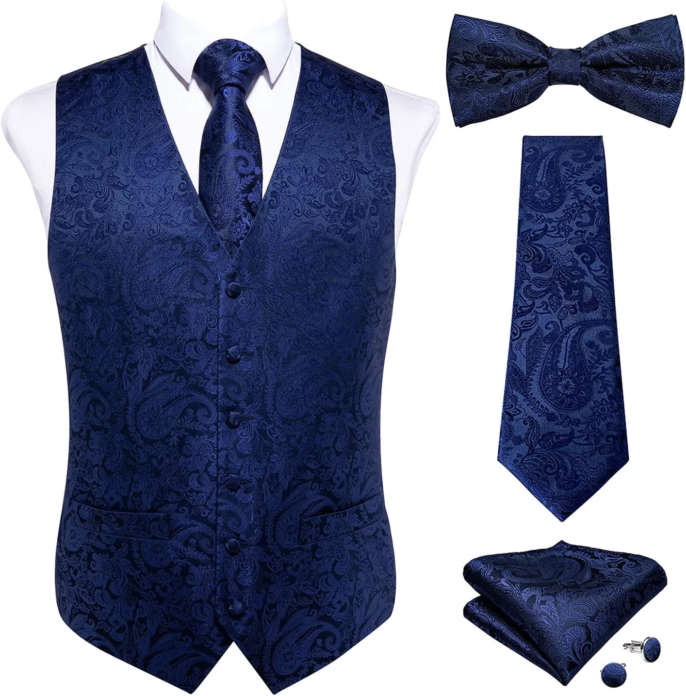 DiBanGu Mens Formal Dress Vest Paisley Jacquard Silk Suit Waistcoat Necktie Bow Tie Set Wedding Party Tuxedo 5PCS