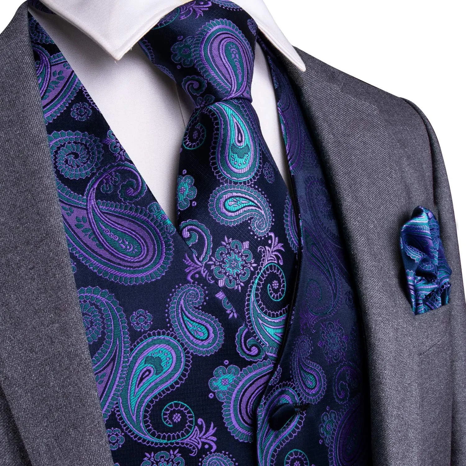 DiBanGu Mens Formal Dress Vest Paisley Jacquard Silk Suit Waistcoat Necktie Bow Tie Set Wedding Party Tuxedo 5PCS