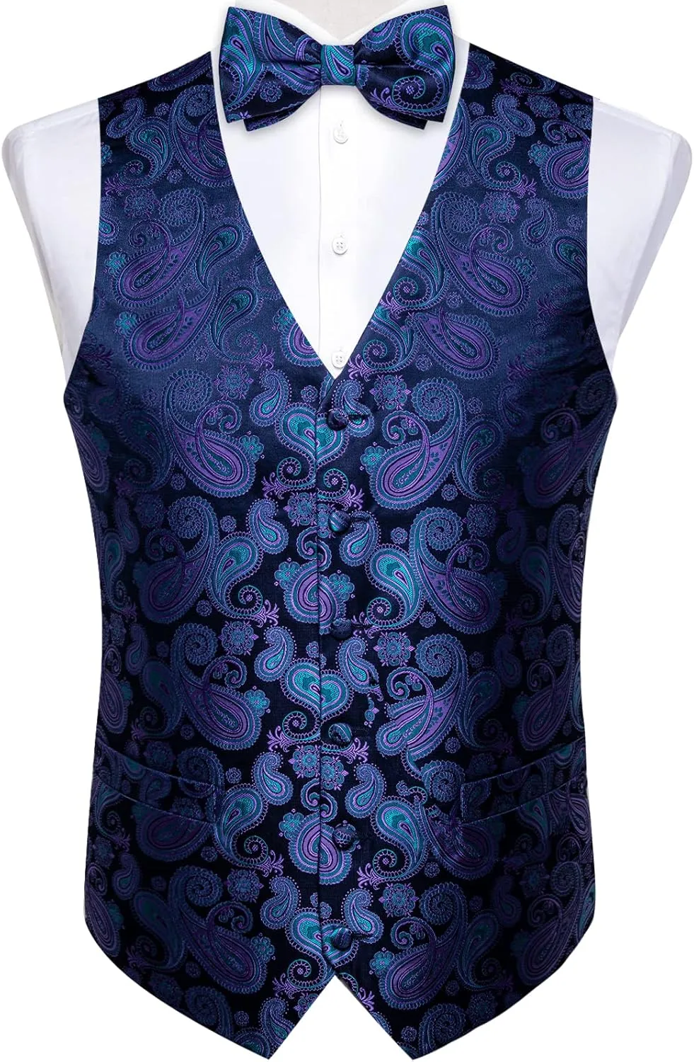 DiBanGu Mens Formal Dress Vest Paisley Jacquard Silk Suit Waistcoat Necktie Bow Tie Set Wedding Party Tuxedo 5PCS