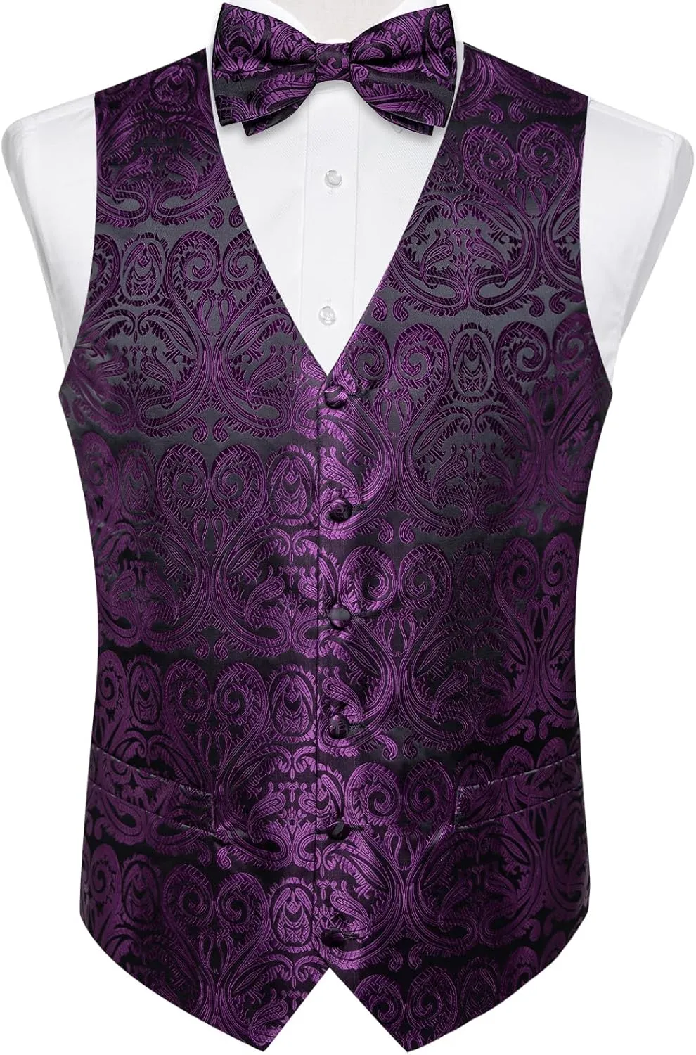 DiBanGu Mens Formal Dress Vest Paisley Jacquard Silk Suit Waistcoat Necktie Bow Tie Set Wedding Party Tuxedo 5PCS