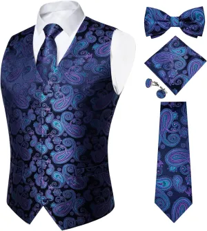 DiBanGu Mens Formal Dress Vest Paisley Jacquard Silk Suit Waistcoat Necktie Bow Tie Set Wedding Party Tuxedo 5PCS
