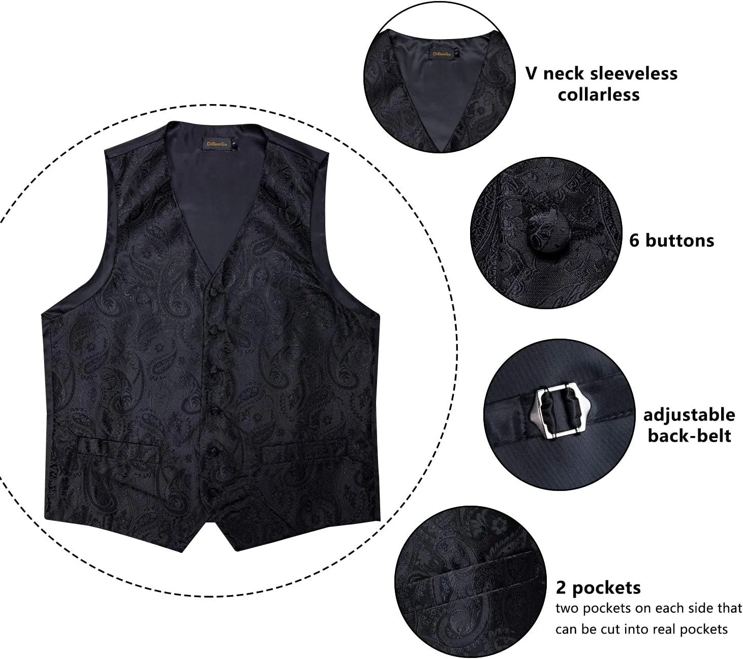 DiBanGu Mens Formal Dress Vest Paisley Jacquard Silk Suit Waistcoat Necktie Bow Tie Set Wedding Party Tuxedo 5PCS