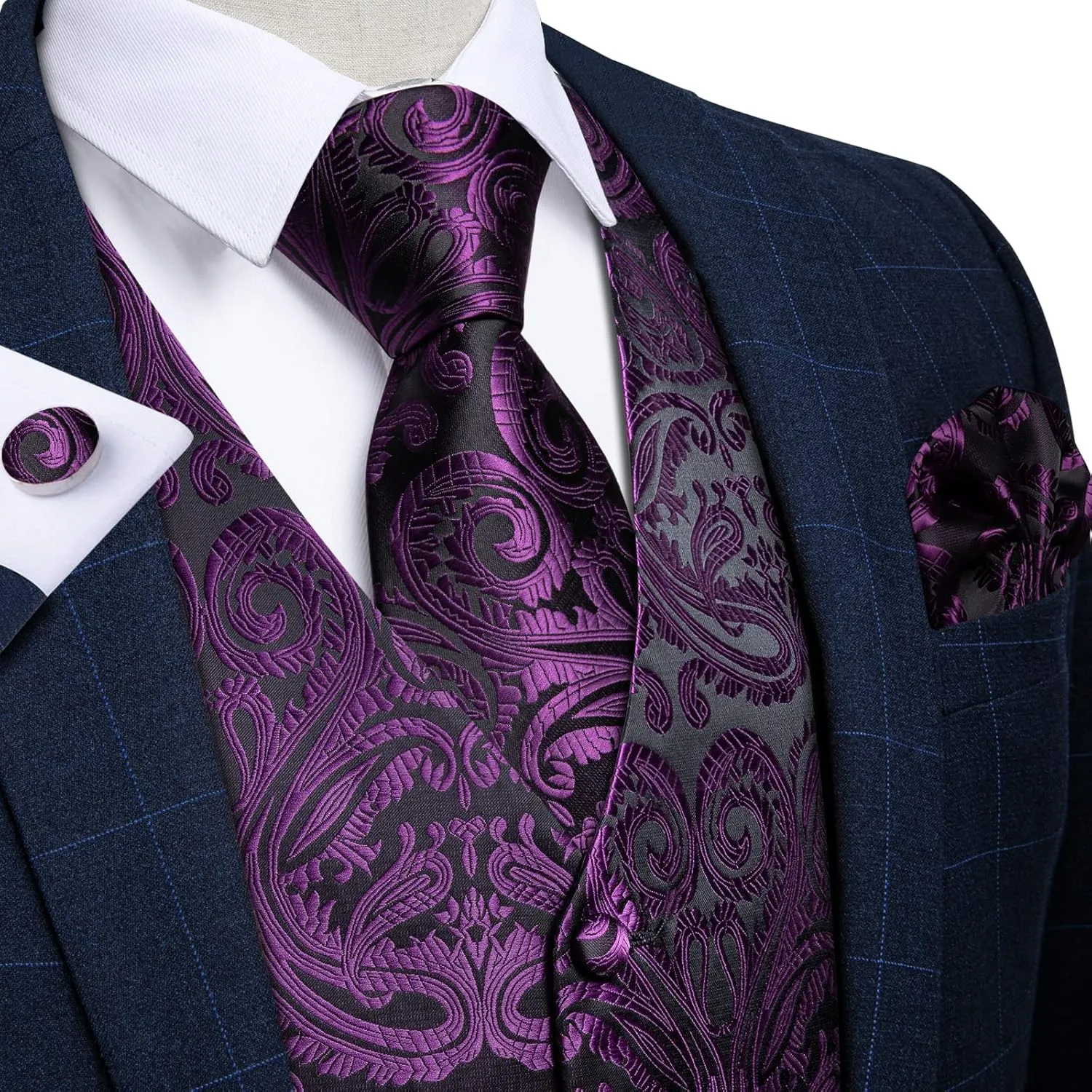 DiBanGu Mens Formal Dress Vest Paisley Jacquard Silk Suit Waistcoat Necktie Bow Tie Set Wedding Party Tuxedo 5PCS