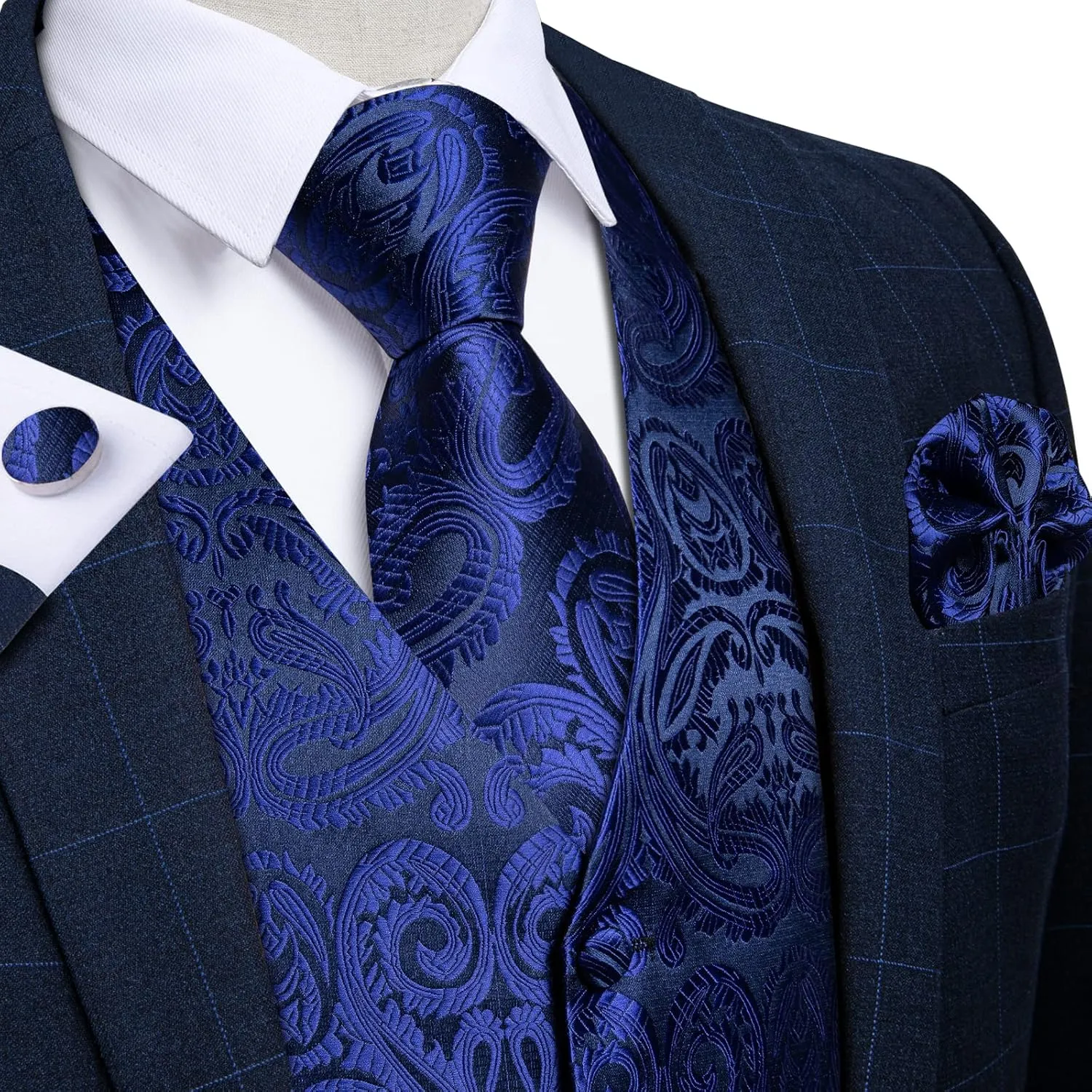 DiBanGu Mens Formal Dress Vest Paisley Jacquard Silk Suit Waistcoat Necktie Bow Tie Set Wedding Party Tuxedo 5PCS
