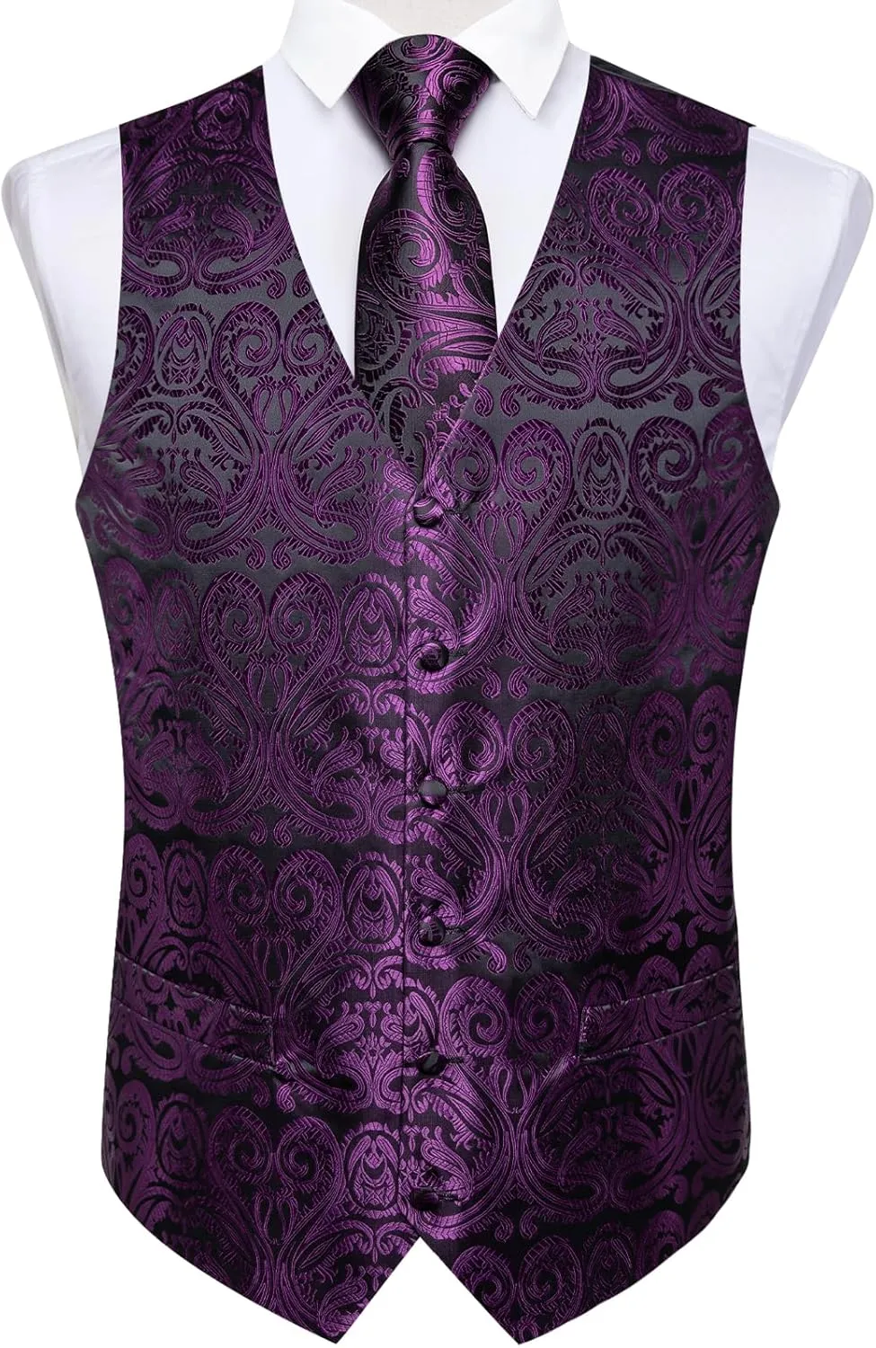 DiBanGu Mens Formal Dress Vest Paisley Jacquard Silk Suit Waistcoat Necktie Bow Tie Set Wedding Party Tuxedo 5PCS