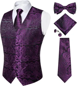 DiBanGu Mens Formal Dress Vest Paisley Jacquard Silk Suit Waistcoat Necktie Bow Tie Set Wedding Party Tuxedo 5PCS
