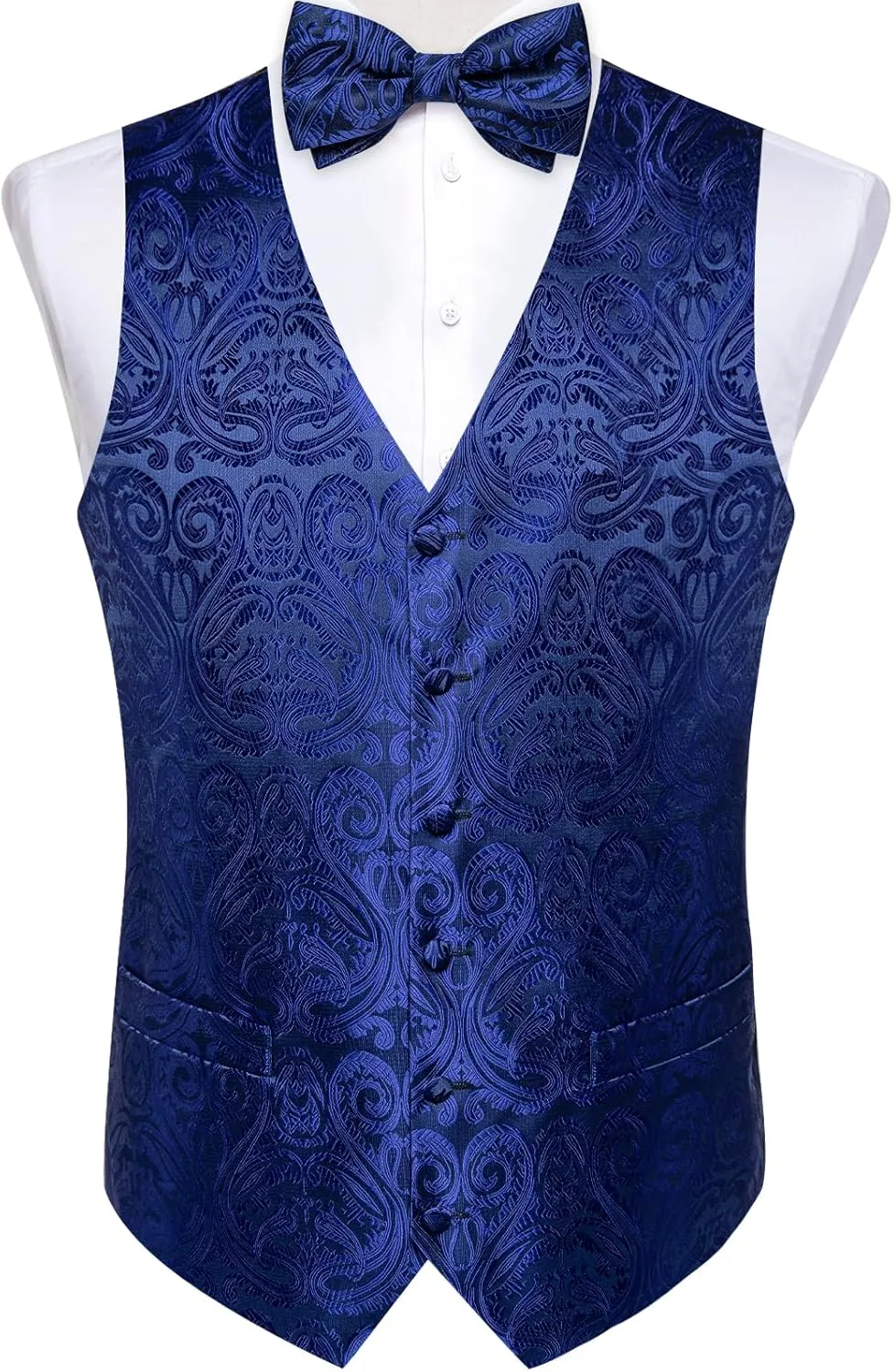 DiBanGu Mens Formal Dress Vest Paisley Jacquard Silk Suit Waistcoat Necktie Bow Tie Set Wedding Party Tuxedo 5PCS