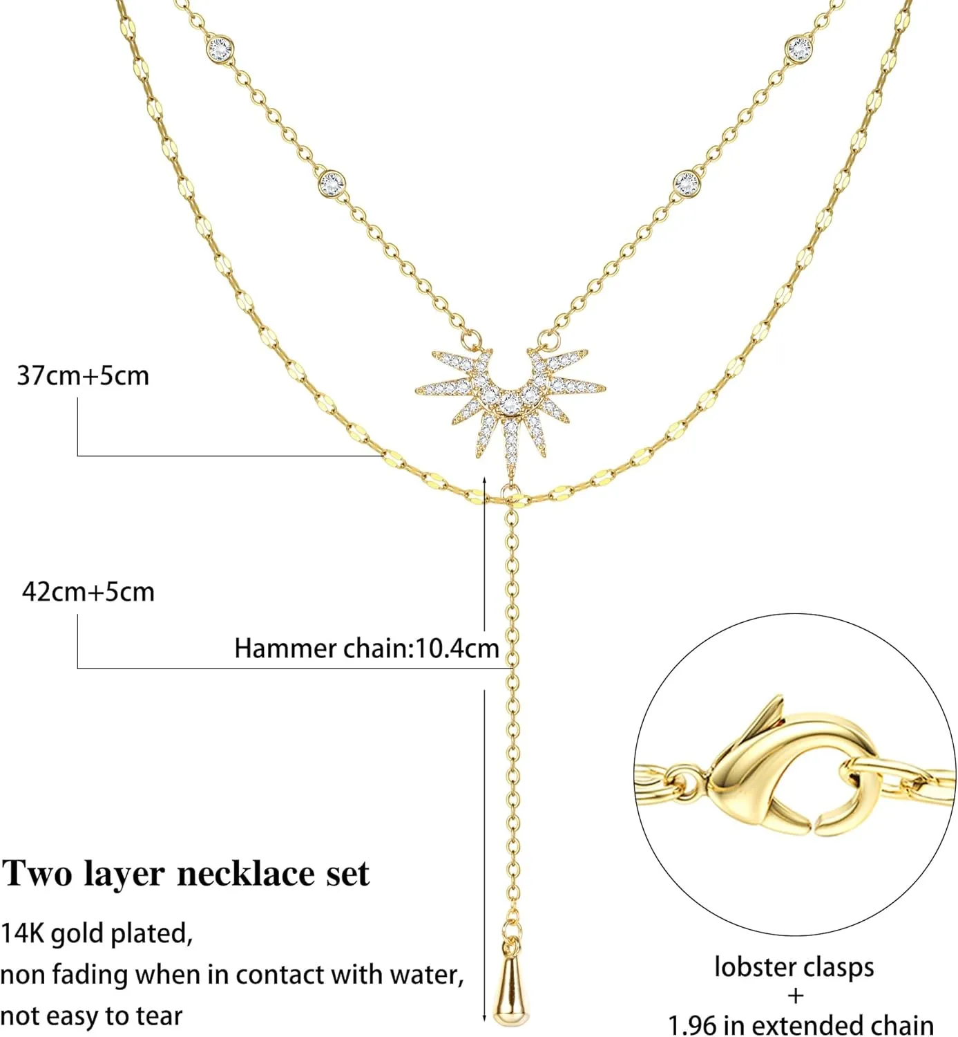 Dochais Dainty Gold Layered Necklace for Women, 14K Gold Plated Y Necklace & Chain, Dainty Lariat Long Necklaces, Trendy Cubic Zirconia Choker, Sun, Heart, Pearl & Cross Pendant Necklace, Jewelry Gift
