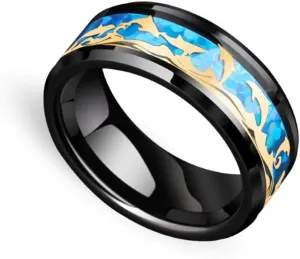 Dolphin Ocean Waves Wedding Band for Women by Ginger Lyne | Tropical Themed Wedding Ring for Men 8mm Stainless Steel Comfort Fit Band | Blue Inlay Ocean Beach Lovers Rings for Couples