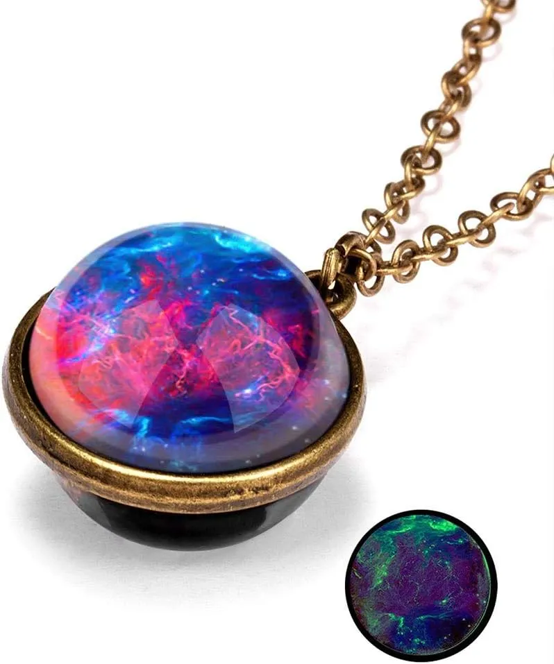 Dome Glow Galaxy in Necklace The Double Dark System Sided Glass Planet Pendant Necklaces & Pendants Mom Pendant Necklace (F, One Size)