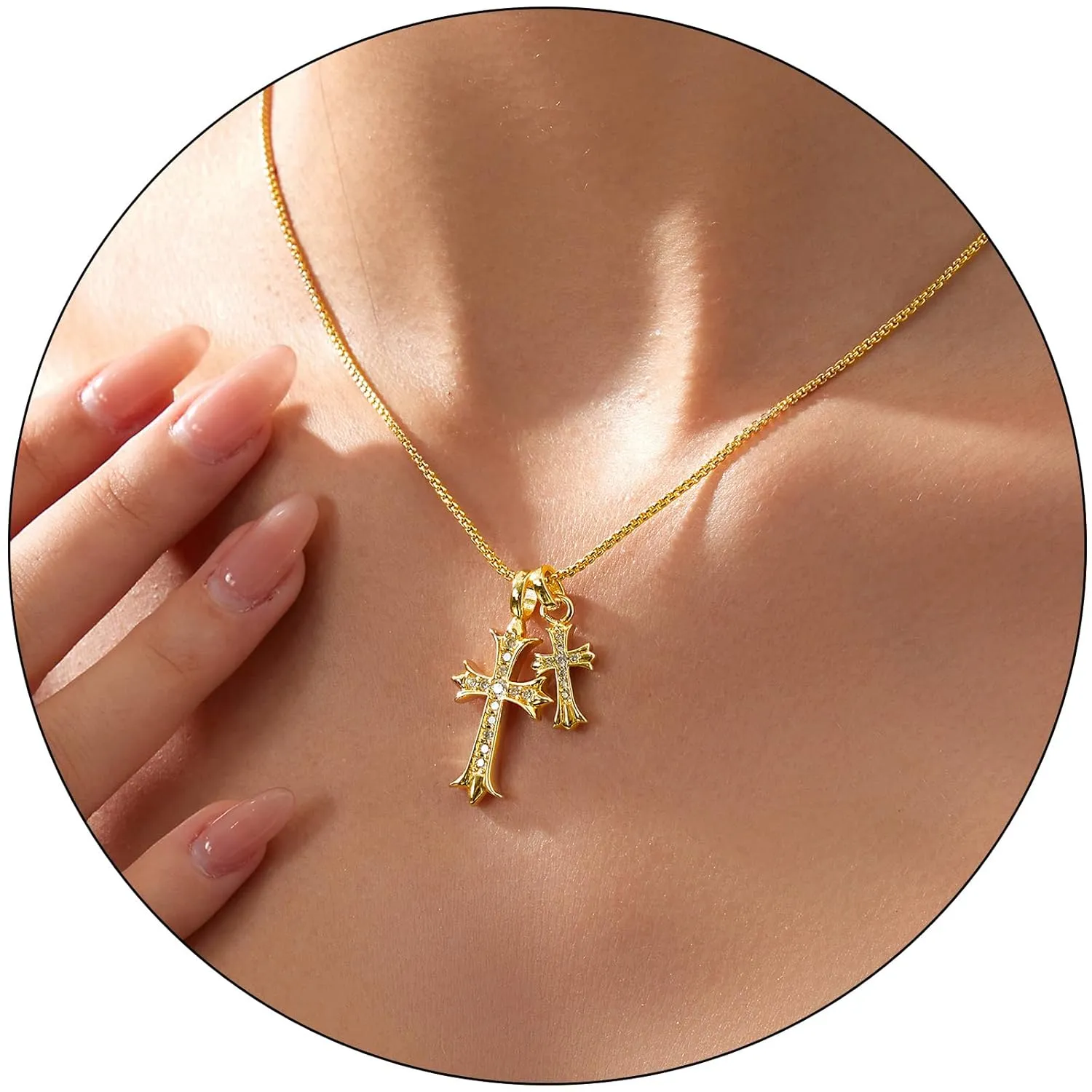 Double Cross Necklace for Women Dainty Cross Pendant Choker 14K Gold Plated Trendy CZ Diamond Cross Charm Necklace Hypoallergenic Delicate Faith Jewelry Religious Gifts for Women