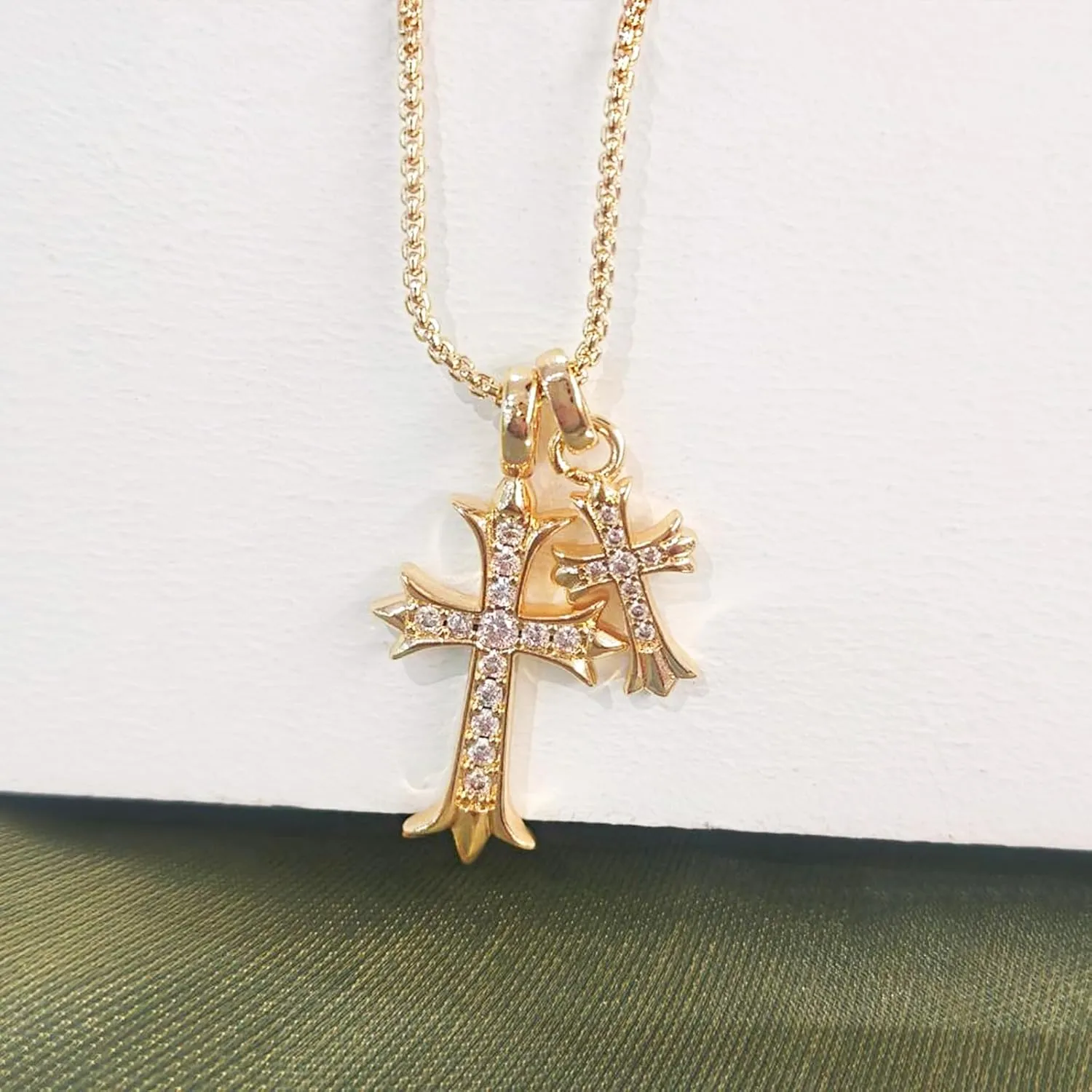 Double Cross Necklace for Women Dainty Cross Pendant Choker 14K Gold Plated Trendy CZ Diamond Cross Charm Necklace Hypoallergenic Delicate Faith Jewelry Religious Gifts for Women