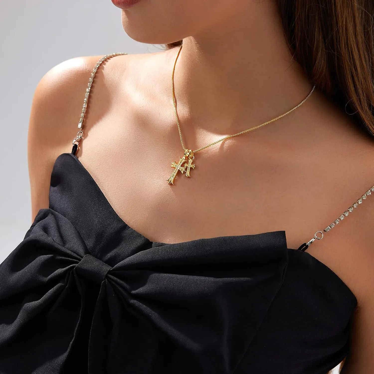 Double Cross Necklace for Women Dainty Cross Pendant Choker 14K Gold Plated Trendy CZ Diamond Cross Charm Necklace Hypoallergenic Delicate Faith Jewelry Religious Gifts for Women