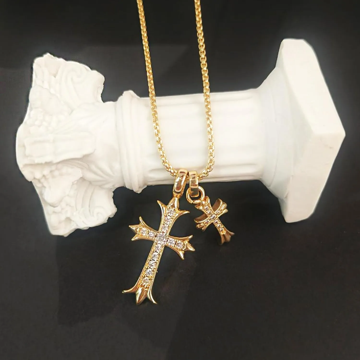Double Cross Necklace for Women Dainty Cross Pendant Choker 14K Gold Plated Trendy CZ Diamond Cross Charm Necklace Hypoallergenic Delicate Faith Jewelry Religious Gifts for Women