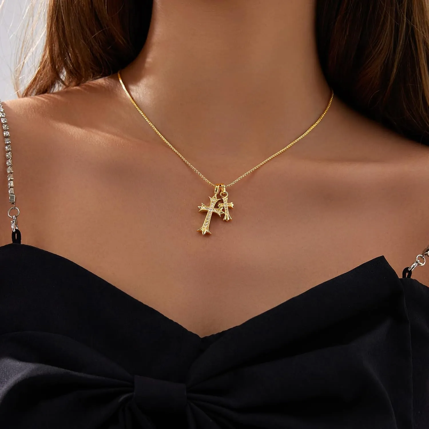 Double Cross Necklace for Women Dainty Cross Pendant Choker 14K Gold Plated Trendy CZ Diamond Cross Charm Necklace Hypoallergenic Delicate Faith Jewelry Religious Gifts for Women