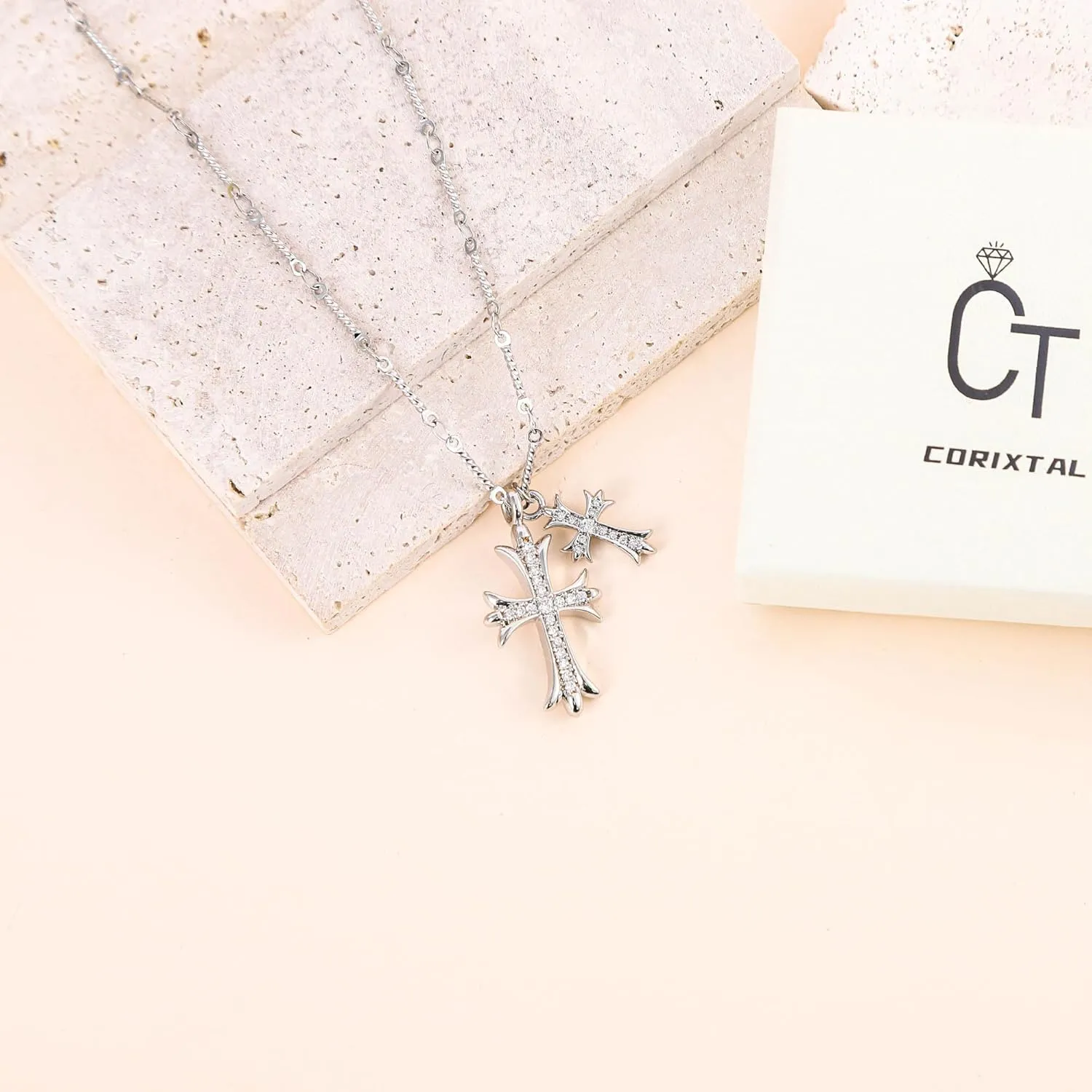 Double Cross Necklace for Women Silver Plated Layered Small Pendant Choker Trendy CZ Diamond Cross Charm Necklace Faith Jewelry Religious Gifts for Women