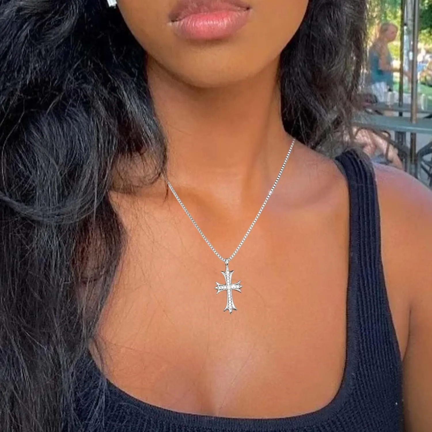 Double Cross Necklace for Women Silver Plated Layered Small Pendant Choker Trendy CZ Diamond Cross Charm Necklace Faith Jewelry Religious Gifts for Women