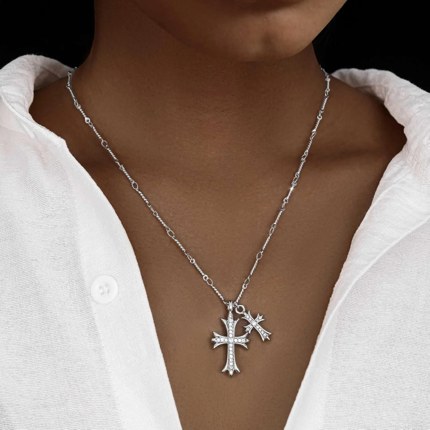 Double Cross Necklace for Women Silver Plated Layered Small Pendant Choker Trendy CZ Diamond Cross Charm Necklace Faith Jewelry Religious Gifts for Women