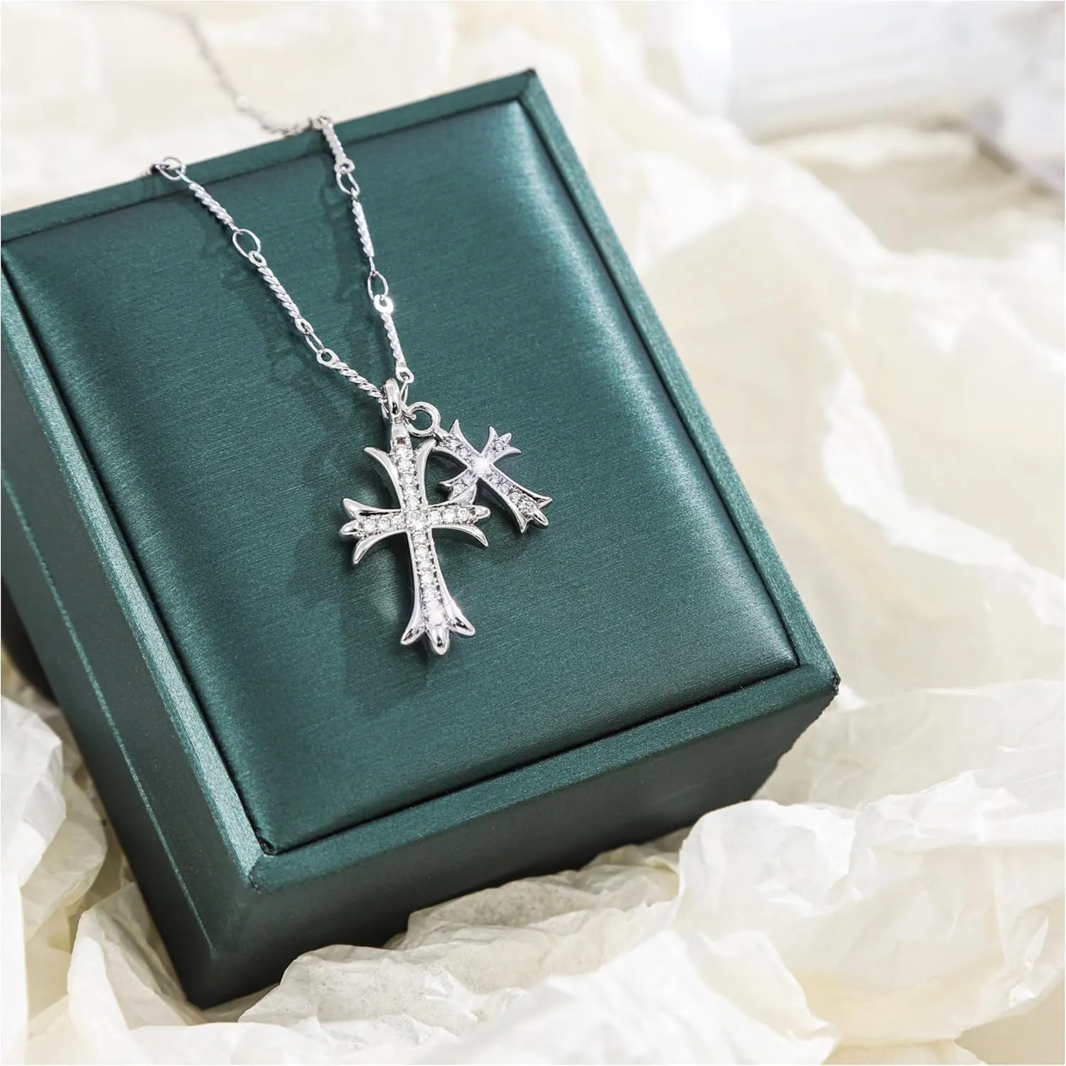 Double Cross Necklace for Women Silver Plated Layered Small Pendant Choker Trendy CZ Diamond Cross Charm Necklace Faith Jewelry Religious Gifts for Women
