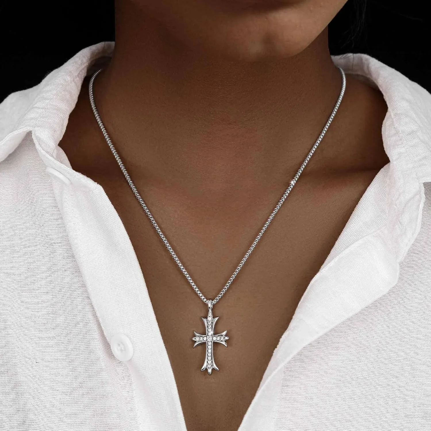 Double Cross Necklace for Women Silver Plated Layered Small Pendant Choker Trendy CZ Diamond Cross Charm Necklace Faith Jewelry Religious Gifts for Women