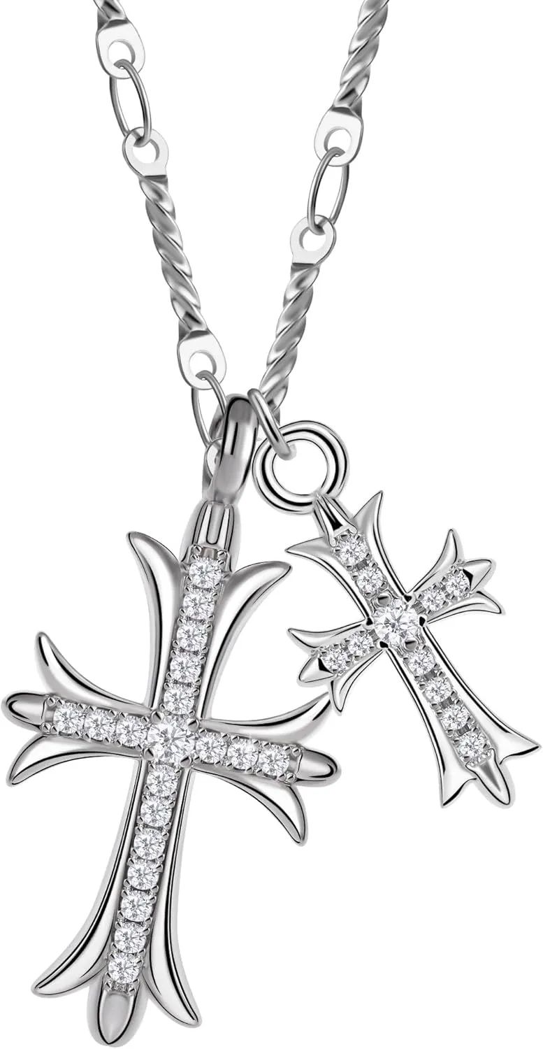 Double Cross Necklace for Women Silver Plated Layered Small Pendant Choker Trendy CZ Diamond Cross Charm Necklace Faith Jewelry Religious Gifts for Women