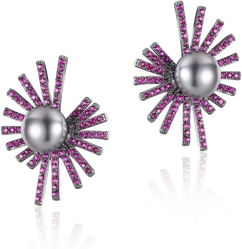 Double Sided Halo Earrings for Women 18K Rose Gold Plated Solitaire Round Cubic Zirconia Stud Earrings (purple)