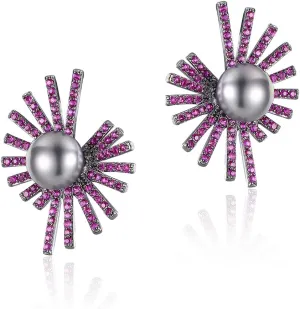 Double Sided Halo Earrings for Women 18K Rose Gold Plated Solitaire Round Cubic Zirconia Stud Earrings (purple)