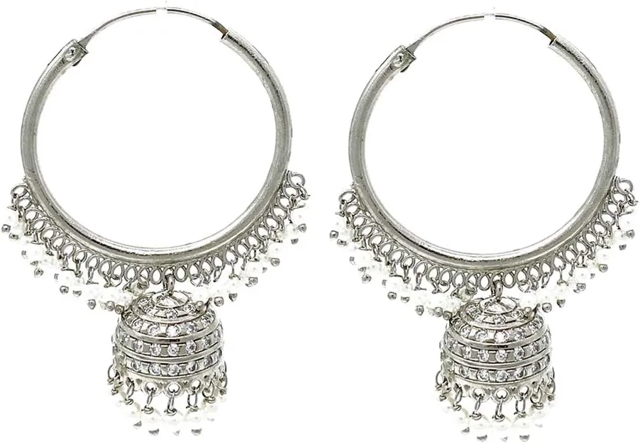 Duel On Jewel Indian Infinity Hoop Chandelier Jhumka Earrings, Filigree Design with Tiny White Pearls and Zircon, Gold or Silver-Plated, 2.5-2.75 Inch, Stylish Wedding Party Gift Jewelry for Women