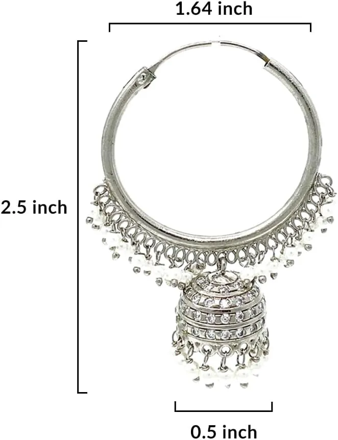 Duel On Jewel Indian Infinity Hoop Chandelier Jhumka Earrings, Filigree Design with Tiny White Pearls and Zircon, Gold or Silver-Plated, 2.5-2.75 Inch, Stylish Wedding Party Gift Jewelry for Women