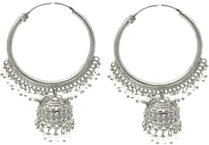 Duel On Jewel Indian Infinity Hoop Chandelier Jhumka Earrings, Filigree Design with Tiny White Pearls and Zircon, Gold or Silver-Plated, 2.5-2.75 Inch, Stylish Wedding Party Gift Jewelry for Women