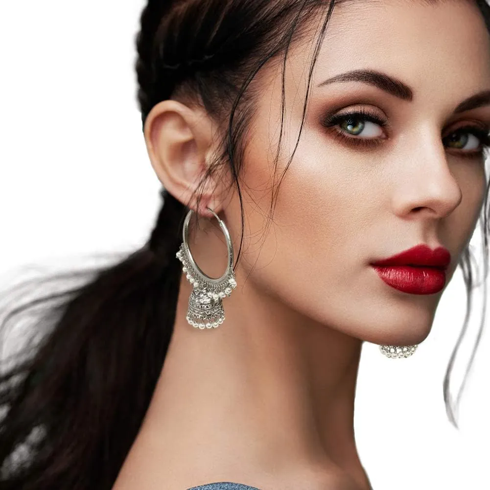 Duel On Jewel Indian Infinity Hoop Chandelier Jhumka Earrings, Filigree Design with Tiny White Pearls and Zircon, Gold or Silver-Plated, 2.5-2.75 Inch, Stylish Wedding Party Gift Jewelry for Women