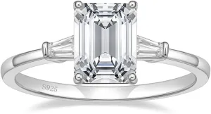 EAMTI 3CT 925 Sterling Silver Engagement Rings 3-Stone Emerald Cut Cubic Zirconia CZ Wedding Promise Rings for Her Wedding Bands for Women Size 3-11