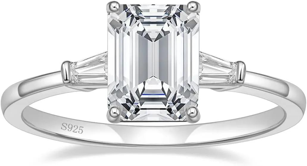 EAMTI 3CT 925 Sterling Silver Engagement Rings 3-Stone Emerald Cut Cubic Zirconia CZ Wedding Promise Rings for Her Wedding Bands for Women Size 3-11