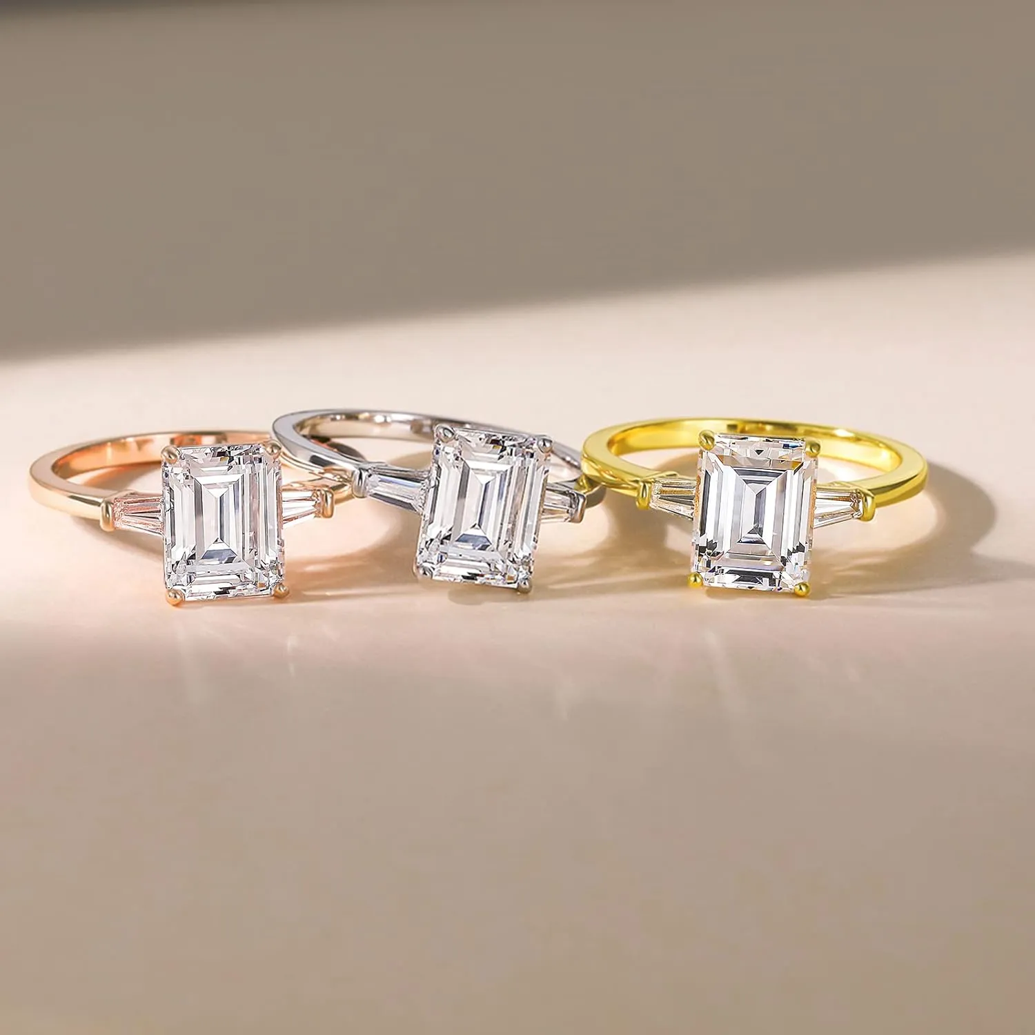EAMTI 3CT 925 Sterling Silver Engagement Rings 3-Stone Emerald Cut Cubic Zirconia CZ Wedding Promise Rings for Her Wedding Bands for Women Size 3-11