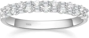 EAMTI 925 Sterling Silver Wedding Bands for Women Baguette Round Cubic Zirconia Two-Row Eternity Band Stackable Engagement Rings Size 4-10