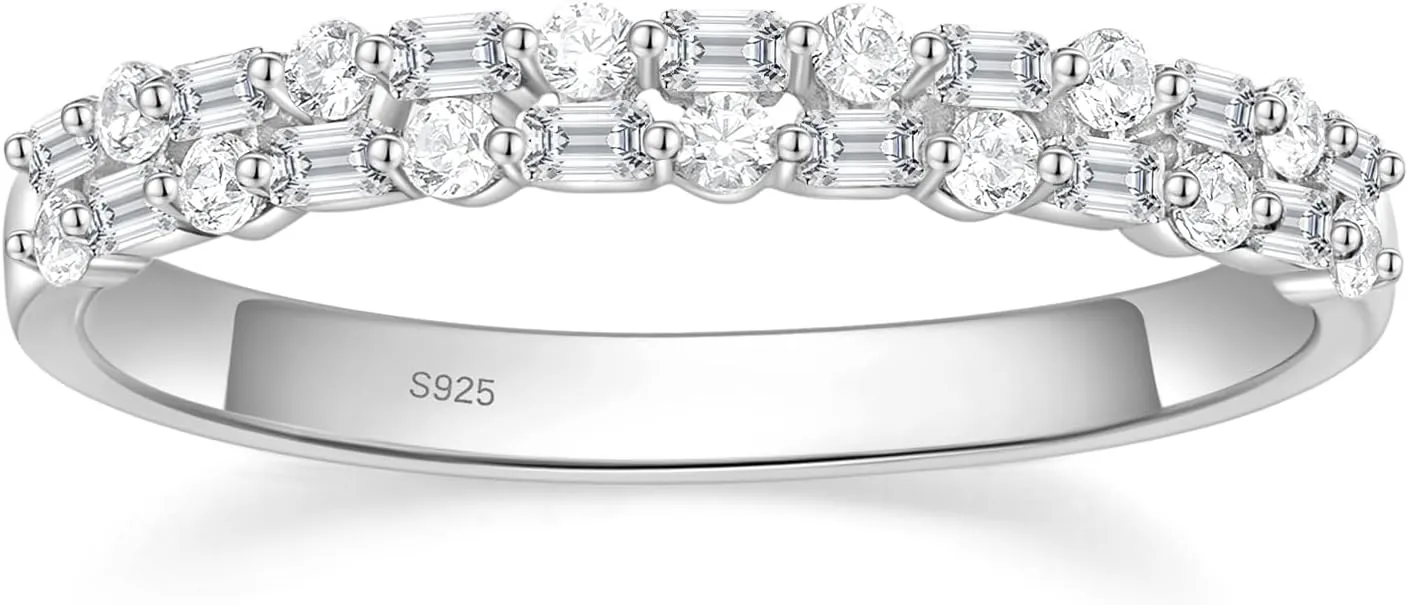 EAMTI 925 Sterling Silver Wedding Bands for Women Baguette Round Cubic Zirconia Two-Row Eternity Band Stackable Engagement Rings Size 4-10