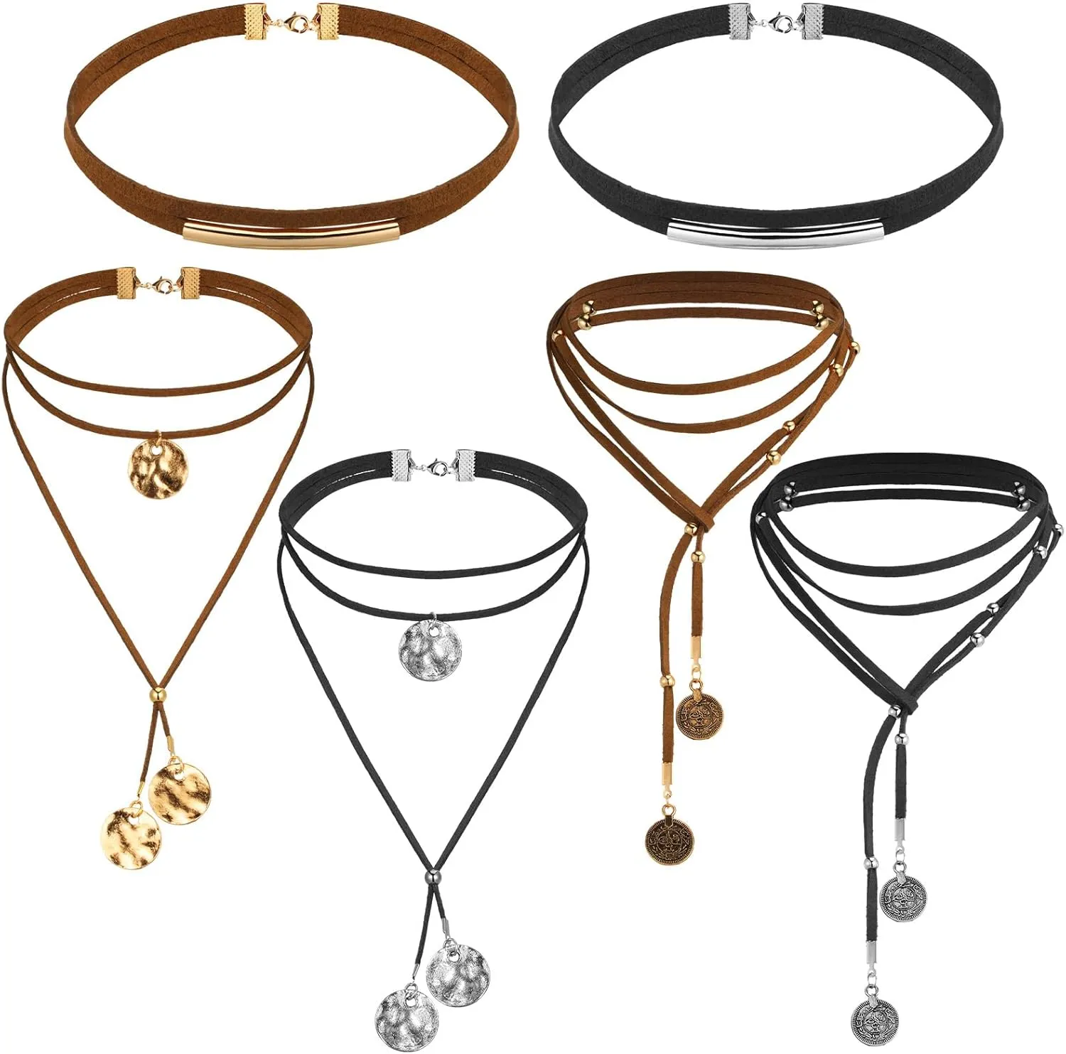 Ecally 6 Pcs Boho Choker Necklace Long Layered Western Cowgirl Necklace for Women Black Brown Suede Choker Jewelry with Tassels Birthday Gift