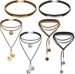 Ecally 6 Pcs Boho Choker Necklace Long Layered Western Cowgirl Necklace for Women Black Brown Suede Choker Jewelry with Tassels Birthday Gift