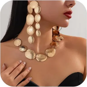 Elegant Gold Choker Necklace and Earring Set for Women, Textured Jewelry Set, Statement Necklace & Drop Earrings for Parties and Events