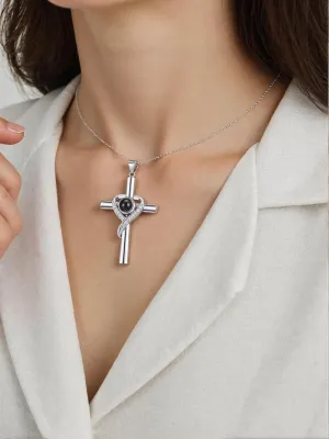 Elegant Silver Cross Pendant Necklace with Black Pearl, Heart Shape Design, Stylish Religious Jewelry, Women Gifts for Valentines, Birthday, Wedding Anniversary