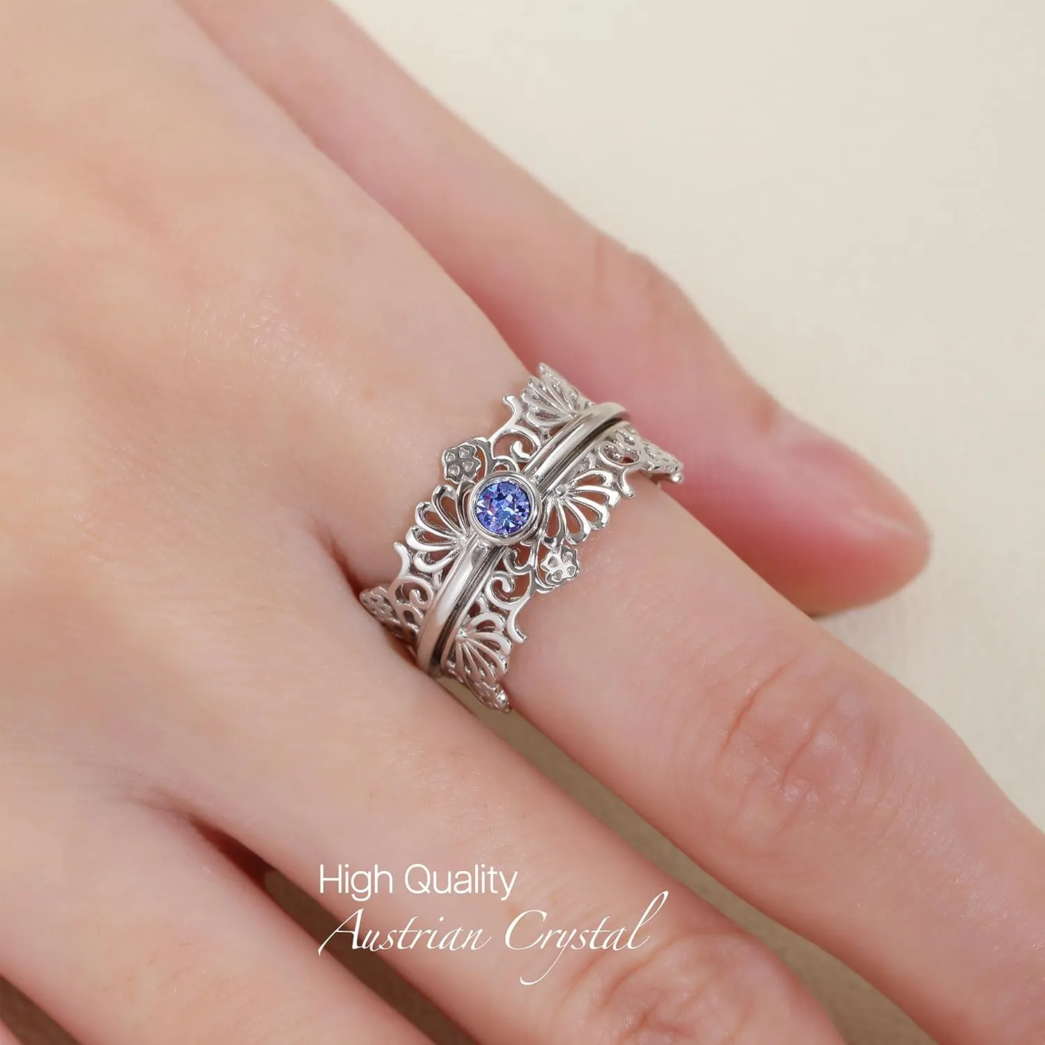 ENERGY STONE 925 Sterling Silver Fidget Ring | Women Silver Ring | Wildflowers | Silver Lacework | High Shine Sparkles Light Sapphire Color Austrian Crystal | Centering Anxiety Relief | Size 6-11