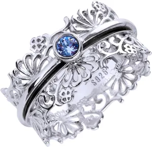 ENERGY STONE 925 Sterling Silver Fidget Ring | Women Silver Ring | Wildflowers | Silver Lacework | High Shine Sparkles Light Sapphire Color Austrian Crystal | Centering Anxiety Relief | Size 6-11