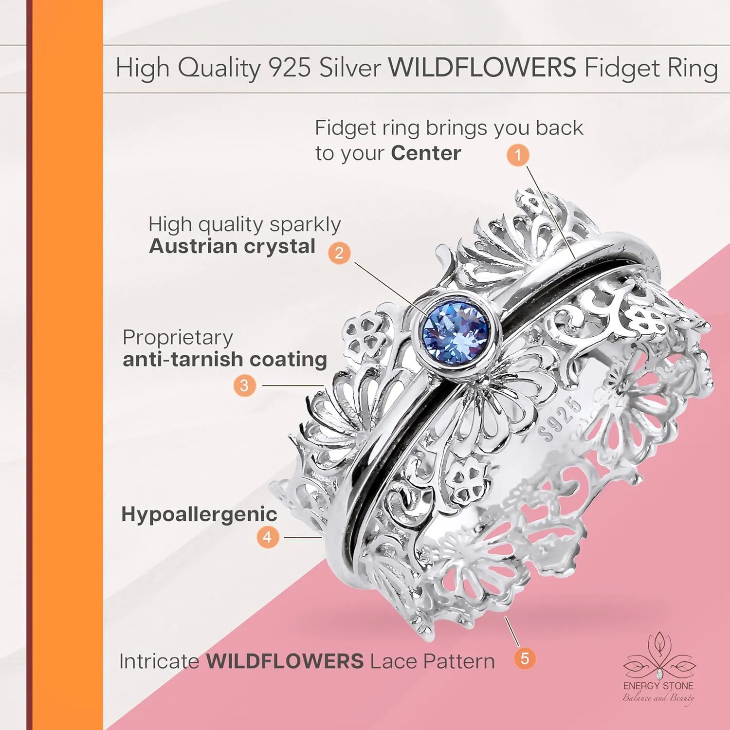 ENERGY STONE 925 Sterling Silver Fidget Ring | Women Silver Ring | Wildflowers | Silver Lacework | High Shine Sparkles Light Sapphire Color Austrian Crystal | Centering Anxiety Relief | Size 6-11