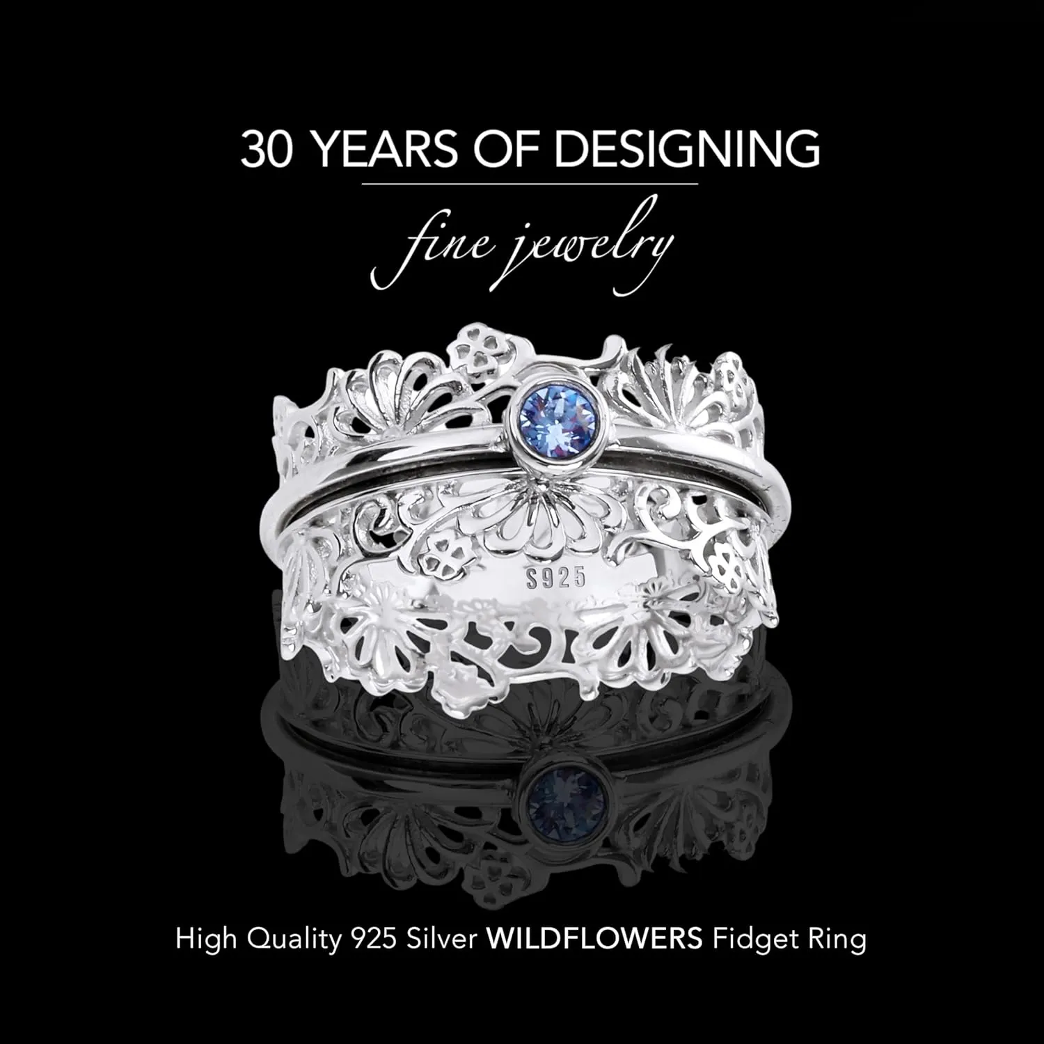 ENERGY STONE 925 Sterling Silver Fidget Ring | Women Silver Ring | Wildflowers | Silver Lacework | High Shine Sparkles Light Sapphire Color Austrian Crystal | Centering Anxiety Relief | Size 6-11