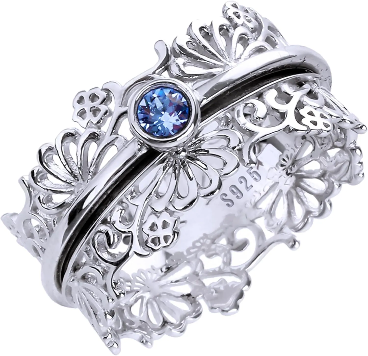 ENERGY STONE 925 Sterling Silver Fidget Ring | Women Silver Ring | Wildflowers | Silver Lacework | High Shine Sparkles Light Sapphire Color Austrian Crystal | Centering Anxiety Relief | Size 6-11