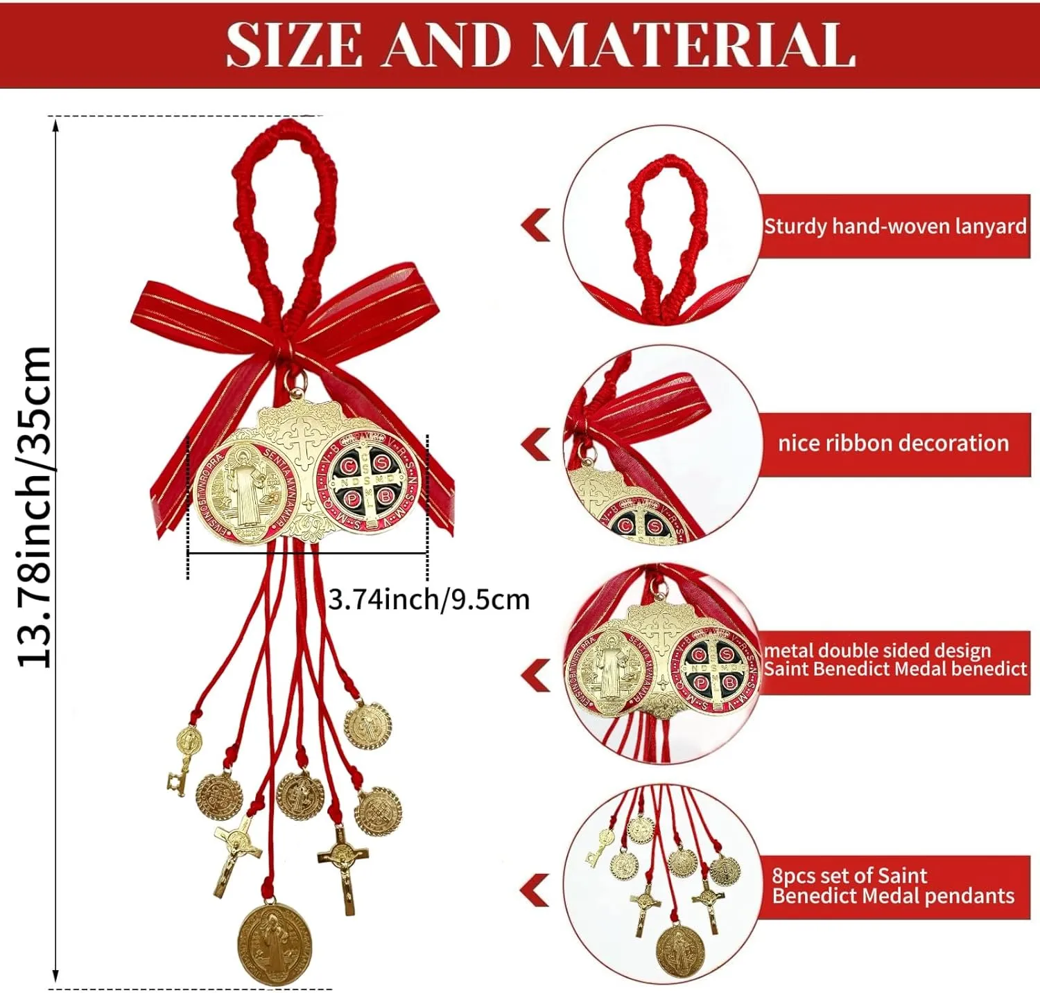 Escapularios Catolicos,2PCS Golden Saint Benedict Medal Protection Blessing Charm, St Benedict Crucifix, Catholic San Benito Medalla Pendant Handmade Jewelry Gift Car Hanging Home Decor (Red)