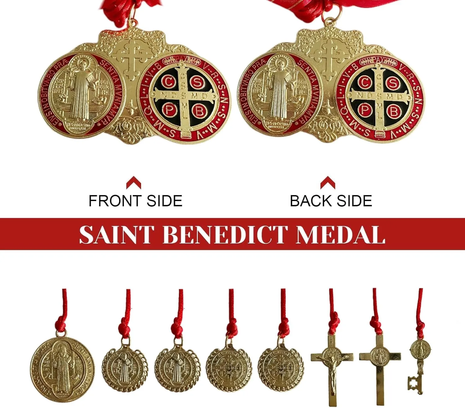Escapularios Catolicos,2PCS Golden Saint Benedict Medal Protection Blessing Charm, St Benedict Crucifix, Catholic San Benito Medalla Pendant Handmade Jewelry Gift Car Hanging Home Decor (Red)