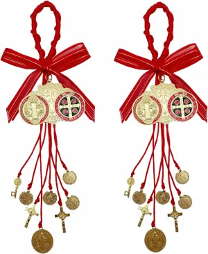 Escapularios Catolicos,2PCS Golden Saint Benedict Medal Protection Blessing Charm, St Benedict Crucifix, Catholic San Benito Medalla Pendant Handmade Jewelry Gift Car Hanging Home Decor (Red)
